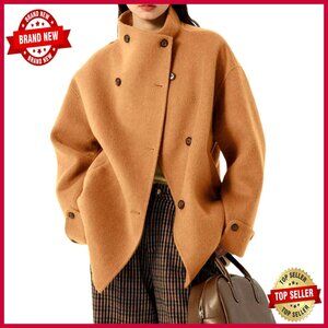 Wool Blend Trench Coat Loose Fit Long Sleeve Button Front Business Casual